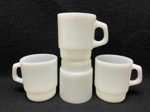 4 Vintage Fire King Stackable White Milk Glass Coffee Cups Mugs 3 1/2" Tall