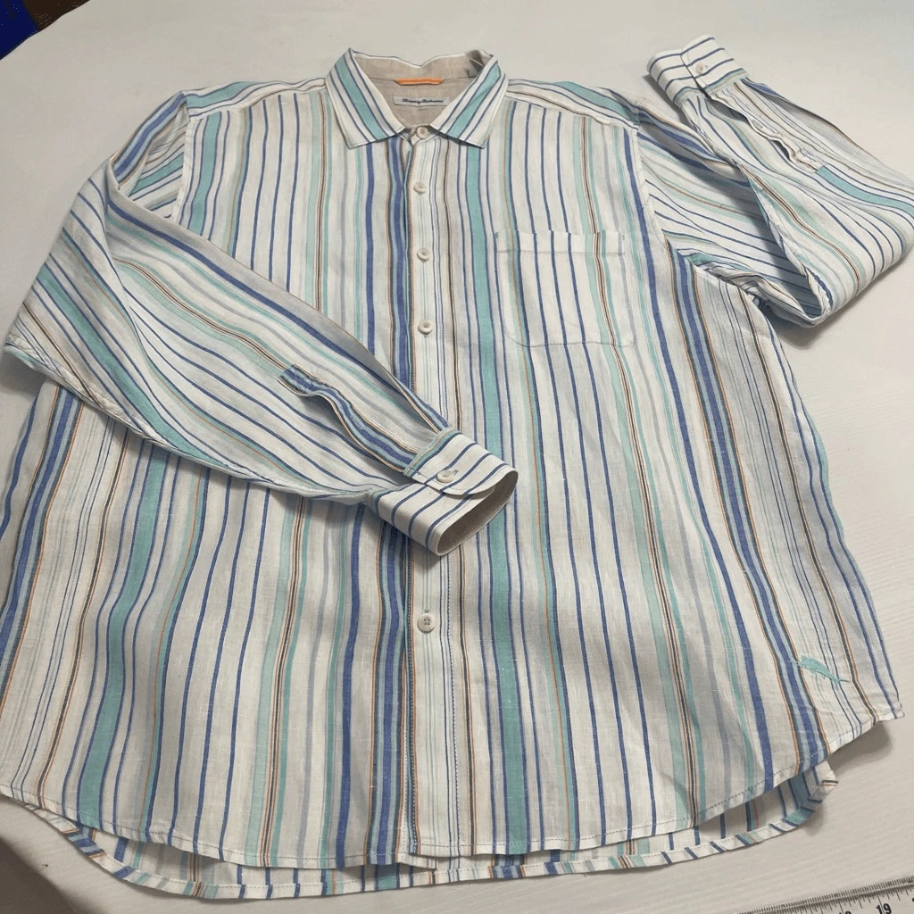 Tommy Bahama White Blue Linen Shirt Size XL