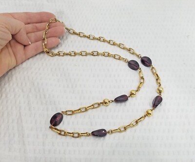 Textured Oval Gold Tone Chain Link & Deep Amethyst-Colored Bead Station Necklace