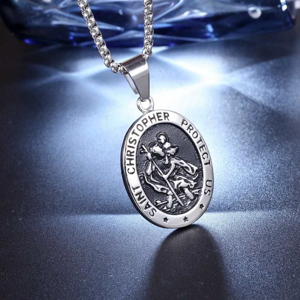 MENDEL Men's Saint Christopher Medal Pendant Necklace - Stainless Steel Protective Amulet