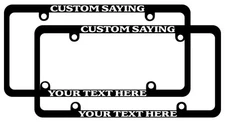 Skinny Black License Plate Frame Custom Text Auto Accessory Personalize 2 Pack