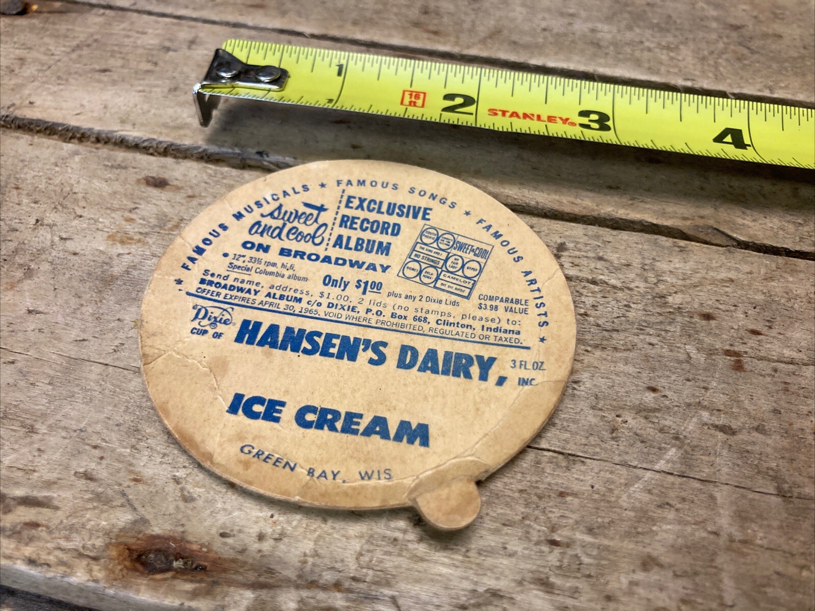 Vintage Ice Cream Lid Cap Hansen&rsquo;s Dairy Green Bay Wiscons