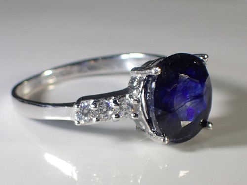 NATURAL 9 x7mm BLUE SAPPHIRE- WHITE CZ 925 SILVER-14k GOLD PLATE 7.25 RING #665 - Picture 2 of 3