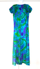 Vtg 60s 70s Andrade Hawaiian Barkcloth Maxi Dress Blue Green Purple Floral Sz S