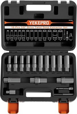16-Piece Deep Well Bolt Extractor Set for Damaged Bolts and Nuts, Cr-Mo Steel