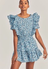 LoveShackFancy Blue White Floral Liberty Fabric Natasha Ruffle Mini Dress, Sz S