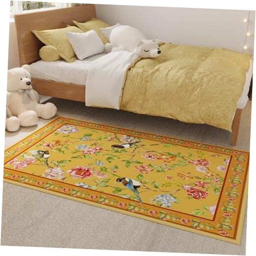 3x5 Washable Non-Slip Low Pile Floral Bird Magpie Bedroom Area Rug