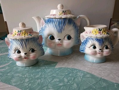 RARE Lefton Blue Cat Miss Priss Side Eye Japan Teapot, Creamer, Sugar . As Is