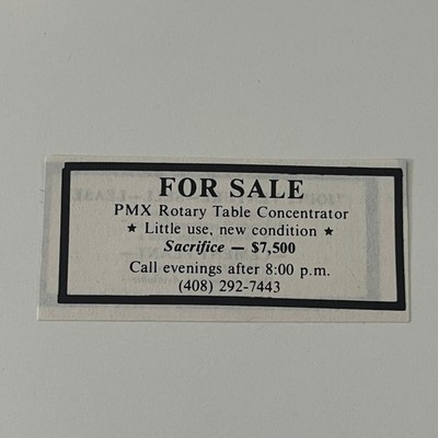 For Sale PMX Rotary Table Concentrator San Jose CA 1983 Mining Ad SAJ1-S31