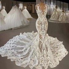 Lace Mermaid Wedding Dress Jewelry Collar Applique Pleated Tulle Bridal Gown