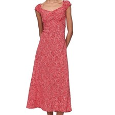 Gap Midi Dress Fit Flare Smocked Ruffle Ditzy Floral Print Red White S