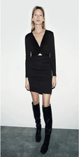 Zara Long Sleeve Knotted Front Cut Off Ruched Bodycon Dress Size M