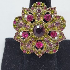 Pink Purple and Green Rhinestone Stretch Ring - Size 9-14.5