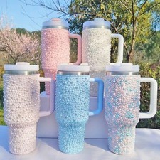 40oz Vacuum Insulated Tumbler with Rhinestone Handle -Glittery Rhinestone Design