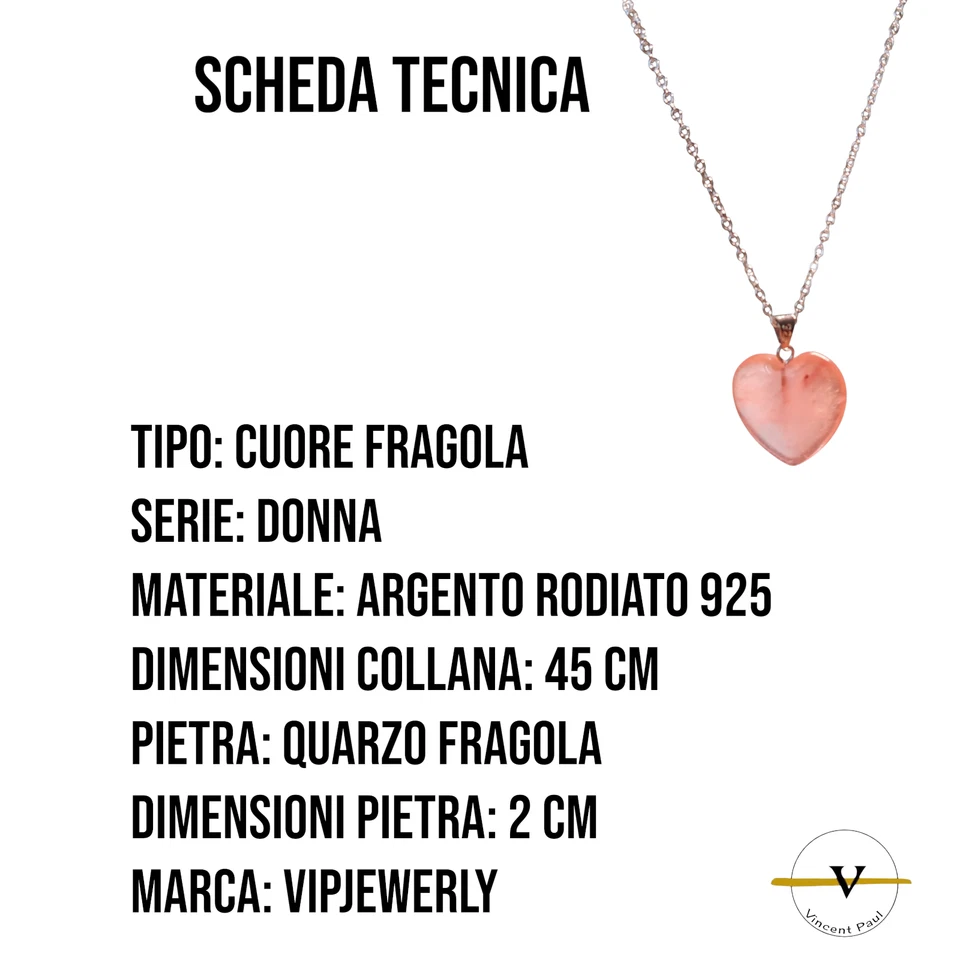 COLLANA DONNA ARGENTO 925 RODIATO PIETRA NATURALE QUARZO FRAGOLA FORMA DI CUORE - Immagine 4 di 4