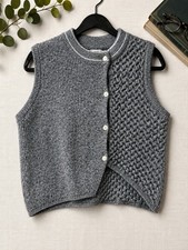 Gray Cable Knit Sweater Vest Button Front Asymmetrical Academia
