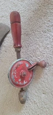 Vintage Red Hand Crank Drill - Egg Beater Style - Wood Handle Made in USA AS IS