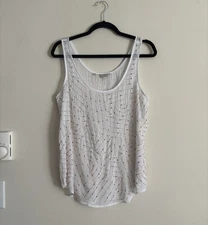 Y2K Guess Top Womens Medium Beaded White Pink Sequin Party Going Out Sheer