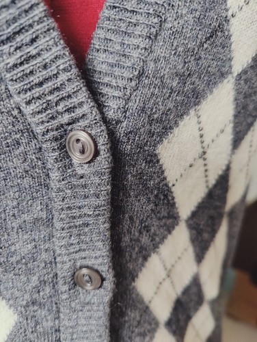 Vintage Lambswool Jaeger Button Vest Argyle V Neck Sleeveless Vest Jumper Grey - Picture 3 of 9