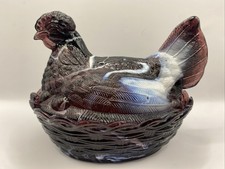 Vintage Glass Hen on Nest Covered Dishes - Purple Slag & Green Satin Pair — listing 3