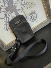 KATE SPADE CHELSEA NS DOUBLE ZIP PHONE CROSSBODY SHOULDER BAG BLACK NYLON GOLD