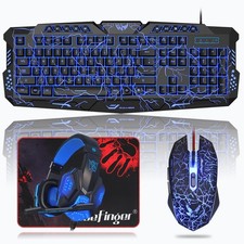 Backlit Gaming Keyboard, Mouse and LED Headset Combo - USB Wired 3 Color Crac...