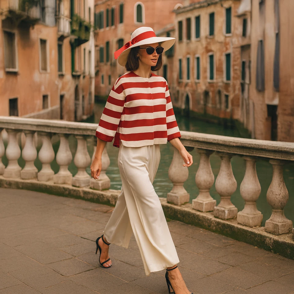 LORO PIANA 8 42-IT Red and Cream Striped  Step Hem Jacket ITALY $3950 Retail - Image 2 of 4