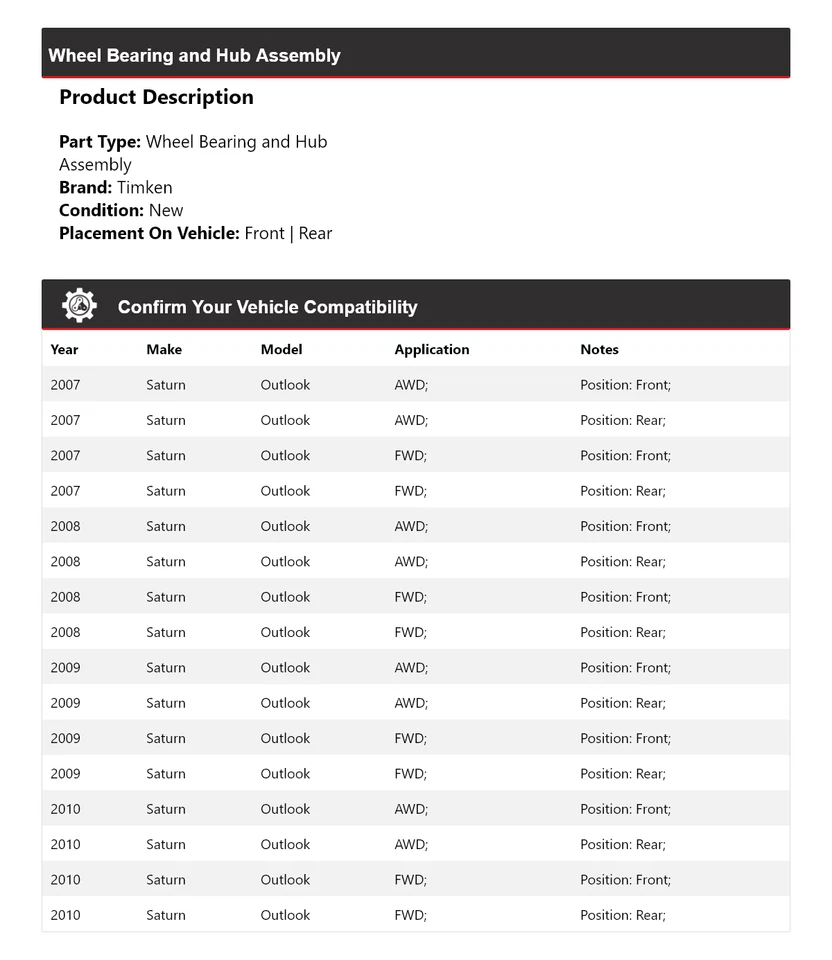 For 2007-2010 Saturn Outlook Wheel Bearing and Hub Assembly Timken 2008 2009 — 第 2/4 张图片
