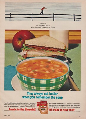 1965 Campbell's Soup - Balance Boy Walks Split Rail Fence Lunch - Print Ad Photo