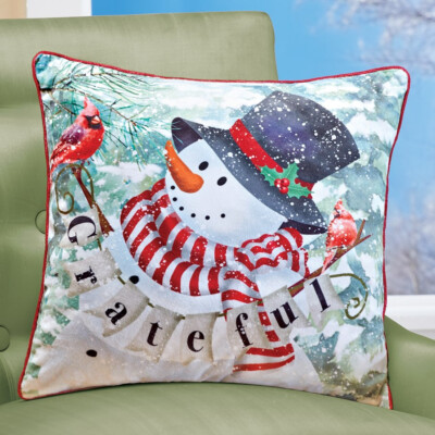 GRATEFUL Snowy Woodland Snowman Christmas Throw Pillow Winter Holiday Home  Decor