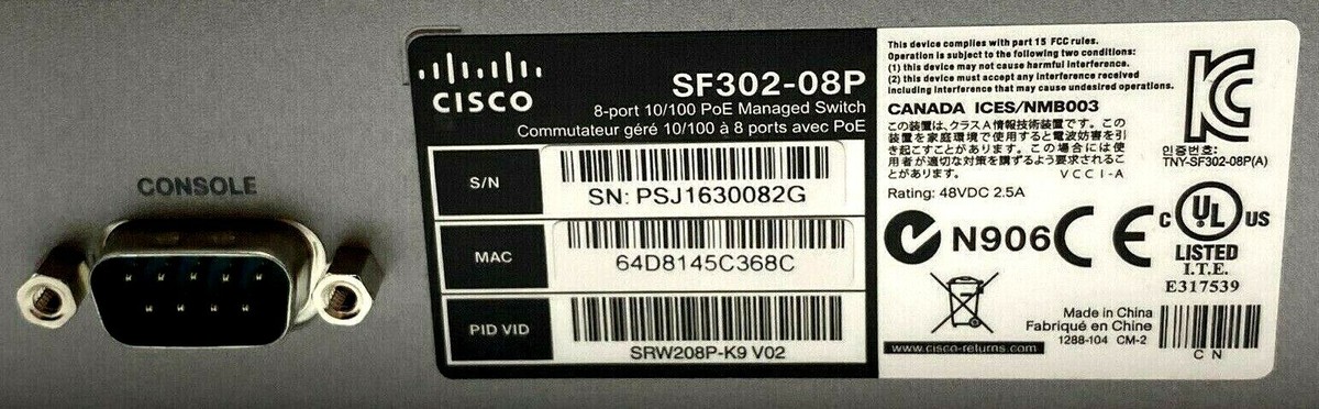 Cisco SF302-08P SRW208P-K9 V02 8-Port 10/100 PoE Managed Switch