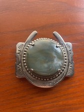 Horse Shoe Belt Buckle with Green Stone Stamped Old Pawn Repro Fred Harvey Repro