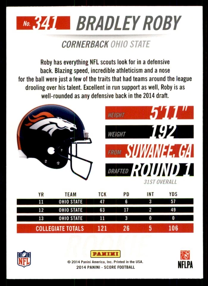 2014 Score Bradley Roby Football Cards #341 - Image 2 of 2