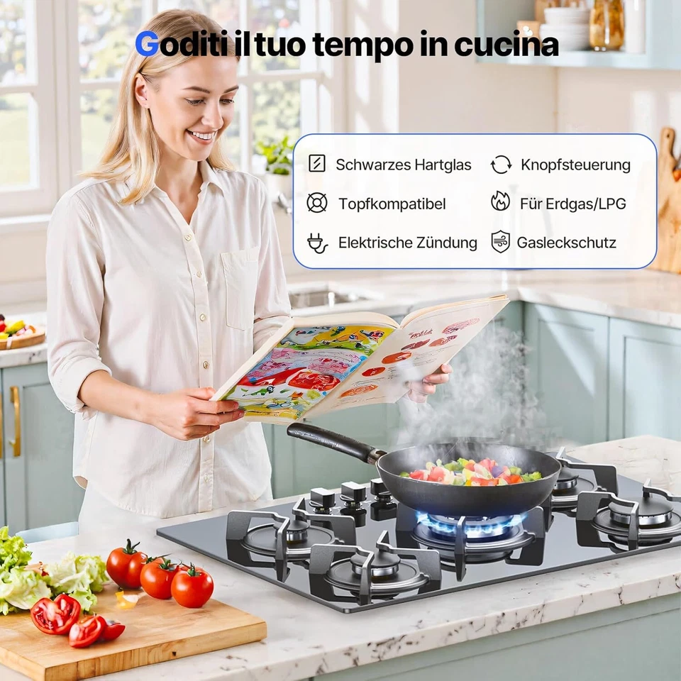 WEHIMO Gaskochfeld 77cm autark 10.5kw WOK Gasherd 5 Flammen Gas auf Glas Schwarz - Bild 3 von 4