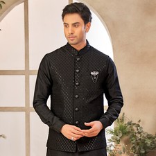 3 Pc Mens Pakistani Black Color Embroidered Kurta Payjama Jacket Set India