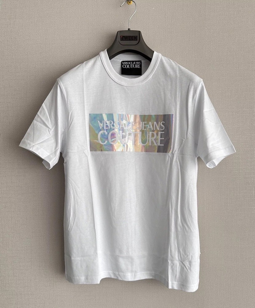 Versace Jeans Couture T-shirt LARGE Size Holographic Logo Effect White Cotton