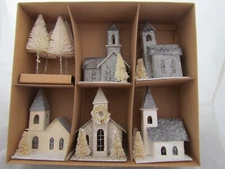 Putz Style paper house CHURCH & bottle brush tree Primitives by Kathy 5pc 104278