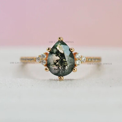 Pear Cut Moss Agate 925 Sterling Silver Wedding/Engagement Ring for Women