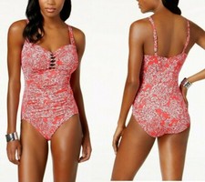 Swim Solutions Coral Beaded Ruched Control Maillot Size 18D Cup Swimsuit NWT 99