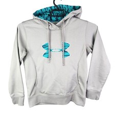 Womens Under Armour Storm Hoodie Sweatshirt Gray Teal Logo Long Sleeve Size M