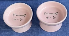 Raised Pedestal Pair of Pink Ceramic Cat Food & Water Dishes Embossed Face Bowls