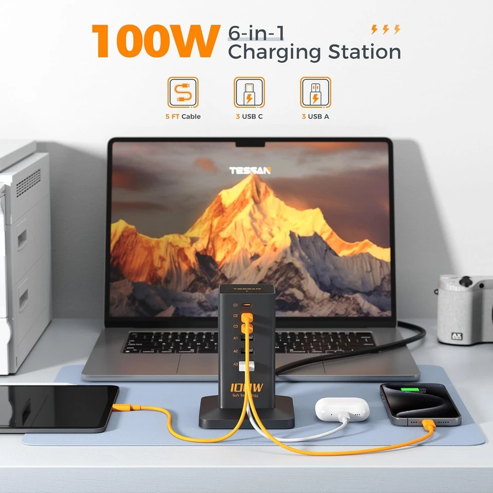 100W Tower Charger for Multiple Devices Desktop with 6 USB Port Charging Station - Image 2 of 4
