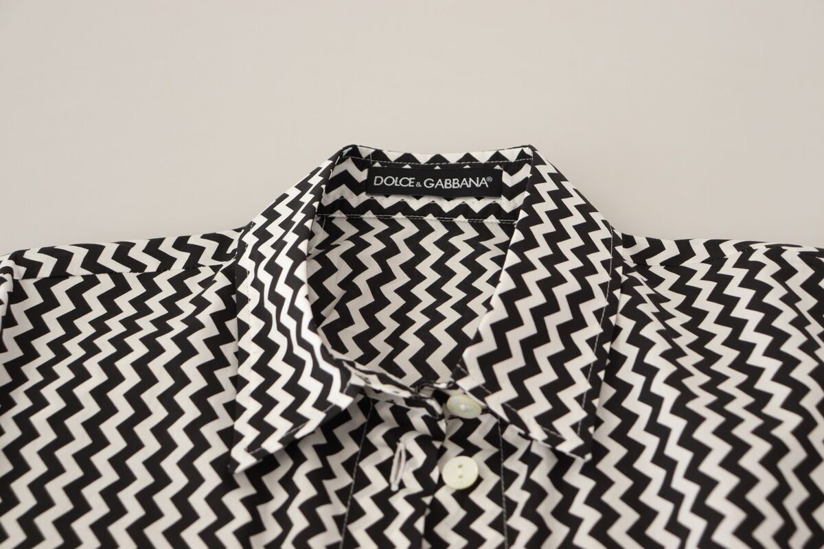 DOLCE & GABBANA Top Cotton Black White Zigzag Collar Shirt DOLCE & GABBANA Top Cotton Black White Zigzag Collar Shirt