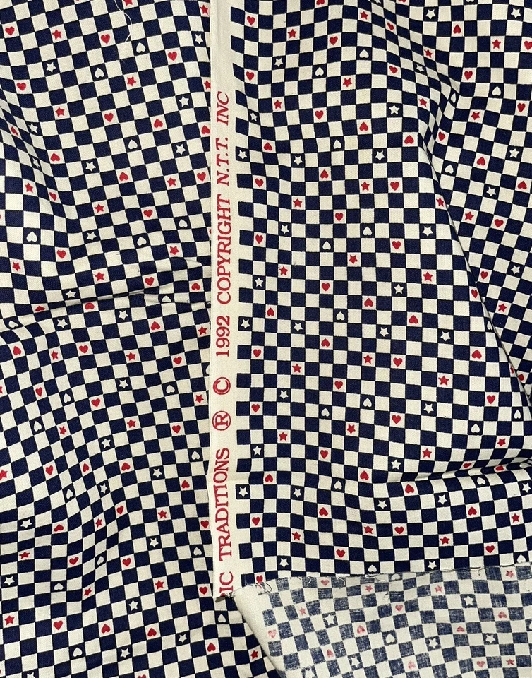 Red White Blue Patriotic Fabric Checkered Hearts & Stars 18 X 44” Cotton - Image 2 of 4
