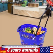 6Pcs Blue Shopping Basket Plastic Rolling Shopping Basket with Wheels and Handle