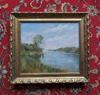 Huile sur Toile Impressionniste - Paysage de Bord d'Eau - Signé - Photo 1/4