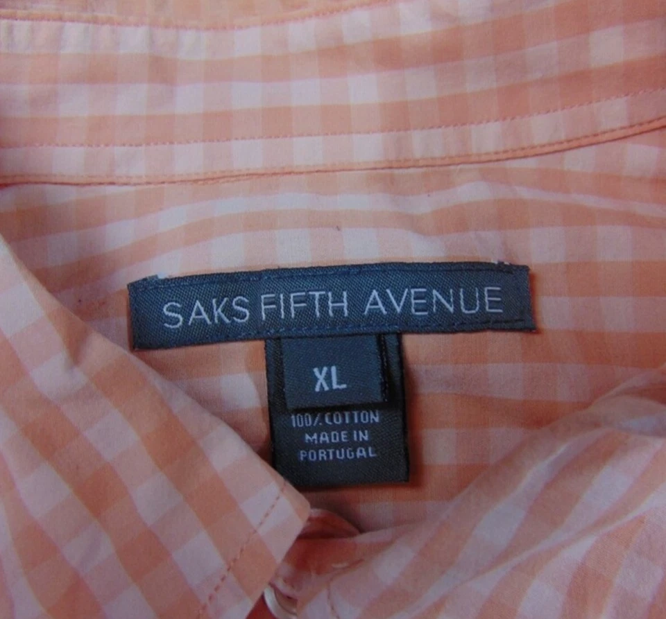 Camisa Saks Fifth Avenue Para Hombre XL Naranja Cuadros Guinga Botones Manga Larga Foto 4 de 4