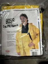 Boss Rain Suit Yellow Men Rain Coat Jacket W/ Hood & Bib Pants Overall SMALL