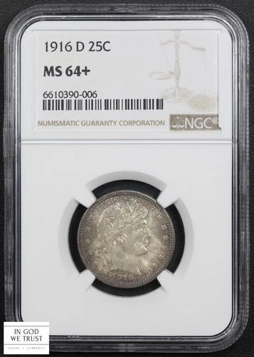 1916 D Barber Silver Quarter 25C NGC MS 64+ Plus