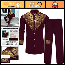 Men's African 2-Piece Metallic Suit Set - Gold Printed Dashiki Shirt & Pants Out